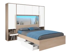 Vente-unique Lit pont 160 x 200 cm avec rangements - avec LEDs - Coloris : Naturel et blanc brillant - VELONA Online
