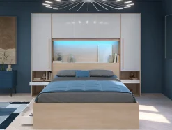 Vente-unique Lit pont 160 x 200 cm avec rangements - avec LEDs - Coloris : Naturel et blanc brillant - VELONA Online