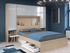 Vente-unique Lit pont 160 x 200 cm avec rangements - avec LEDs - Coloris : Naturel et blanc brillant - VELONA Online