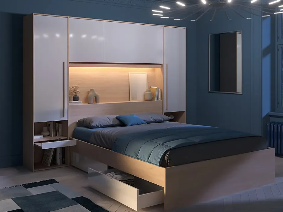 Vente-unique Lit pont 160 x 200 cm avec rangements - avec LEDs - Coloris : Naturel et blanc brillant - VELONA Online