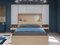 Vente-unique Lit pont 160 x 200 cm avec rangements - avec LEDs - Coloris : Naturel et blanc brillant - VELONA Online