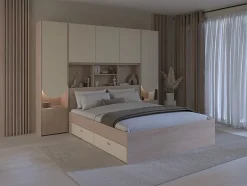Vente-unique Lit pont 140 x 190 cm avec rangements - Avec LEDs - Coloris : Beige et naturel + Sommier - DOMELITO Outlet