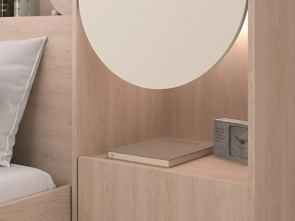 Vente-unique Lit pont 140 x 190 cm avec rangements - Avec LEDs - Coloris : Beige et naturel + Sommier - DOMELITO Outlet