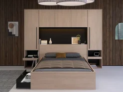 Vente-unique Lit pont 140 x 190 cm avec rangements - Avec LEDs - Coloris : Naturel et noir - VELONA New