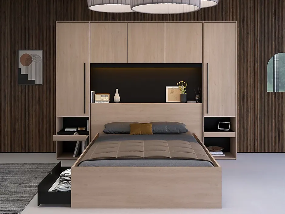 Vente-unique Lit pont 140 x 190 cm avec rangements - Avec LEDs - Coloris : Naturel et noir - VELONA New