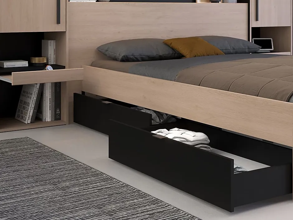 Vente-unique Lit pont 140 x 190 cm avec rangements - Avec LEDs - Coloris : Naturel et noir - VELONA New