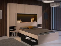 Vente-unique Lit pont 140 x 190 cm avec rangements - Avec LEDs - Coloris : Naturel et noir - VELONA New