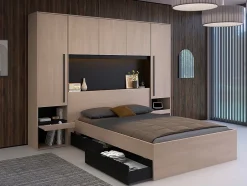 Vente-unique Lit pont 140 x 190 cm avec rangements - Avec LEDs - Coloris : Naturel et noir - VELONA New