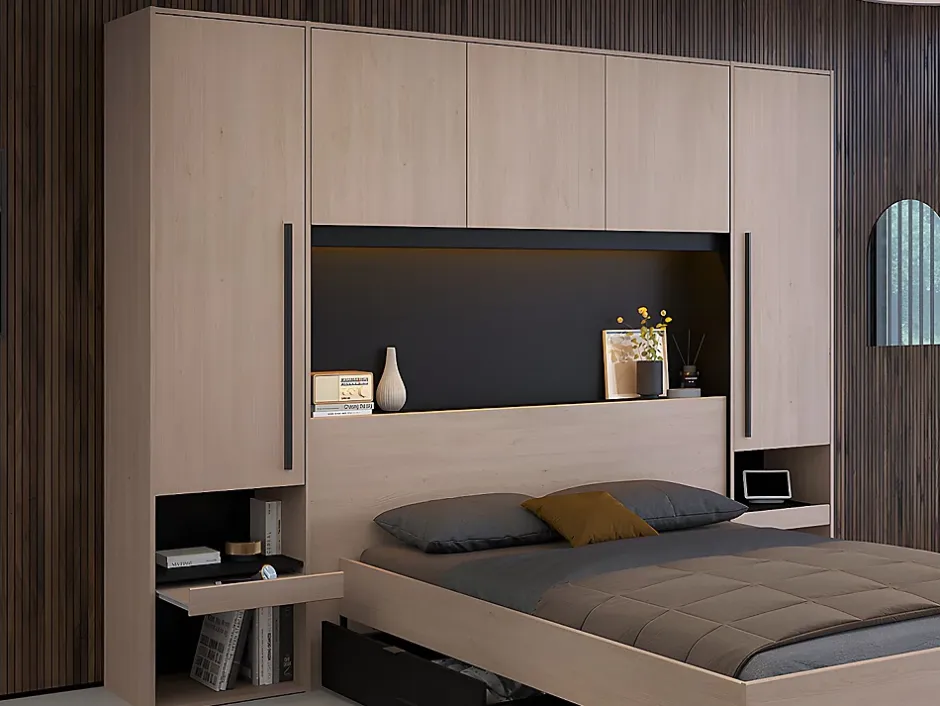 Vente-unique Lit pont 140 x 190 cm avec rangements - Avec LEDs - Coloris : Naturel et noir - VELONA New