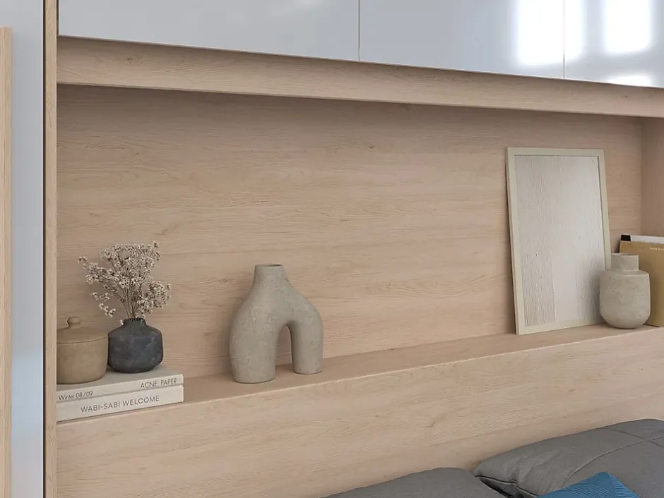 Vente-unique Lit pont 140 x 190 cm avec rangements - Avec LEDs - Coloris : Naturel et blanc brillant - VELONA Clearance