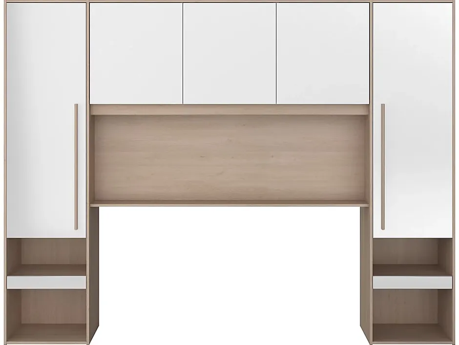 Vente-unique Lit pont 140 x 190 cm avec rangements - Avec LEDs - Coloris : Naturel et blanc brillant - VELONA Clearance