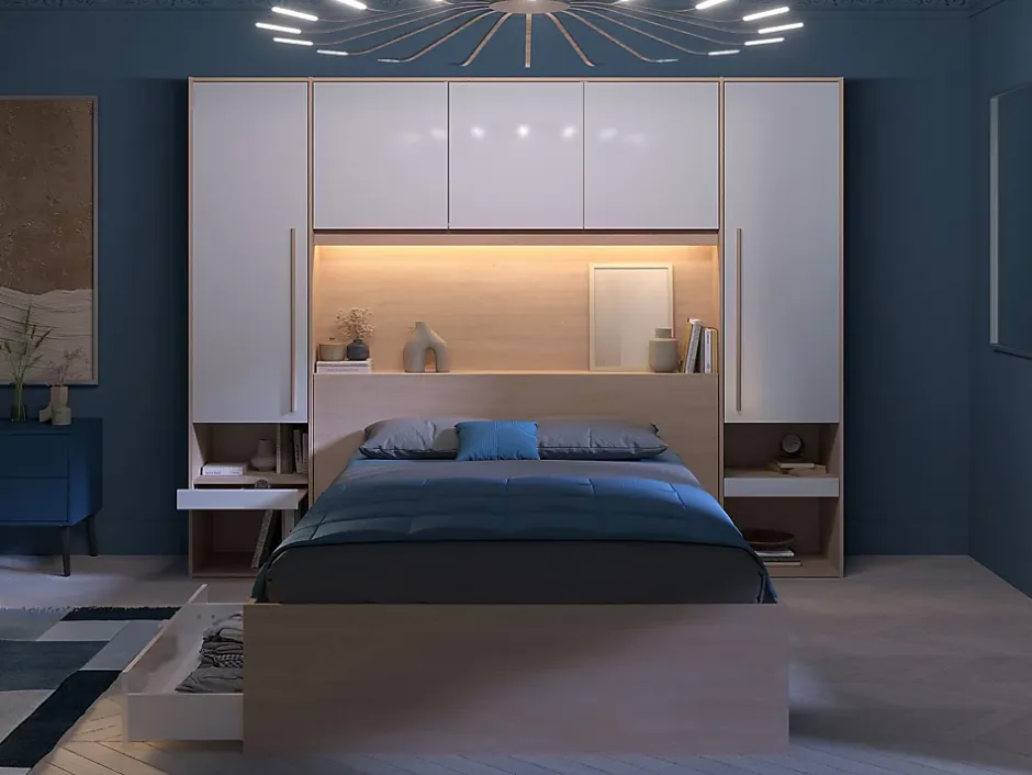 Vente-unique Lit pont 140 x 190 cm avec rangements - Avec LEDs - Coloris : Naturel et blanc brillant - VELONA Clearance