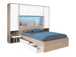 Vente-unique Lit pont 140 x 190 cm avec rangements - Avec LEDs - Coloris : Naturel et blanc brillant - VELONA Clearance