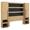 Vente-unique Lit pont 160 x 200 cm avec rangements - Avec LEDs - Coloris : Naturel et noir + Sommier + Matelas - VARLY Discount