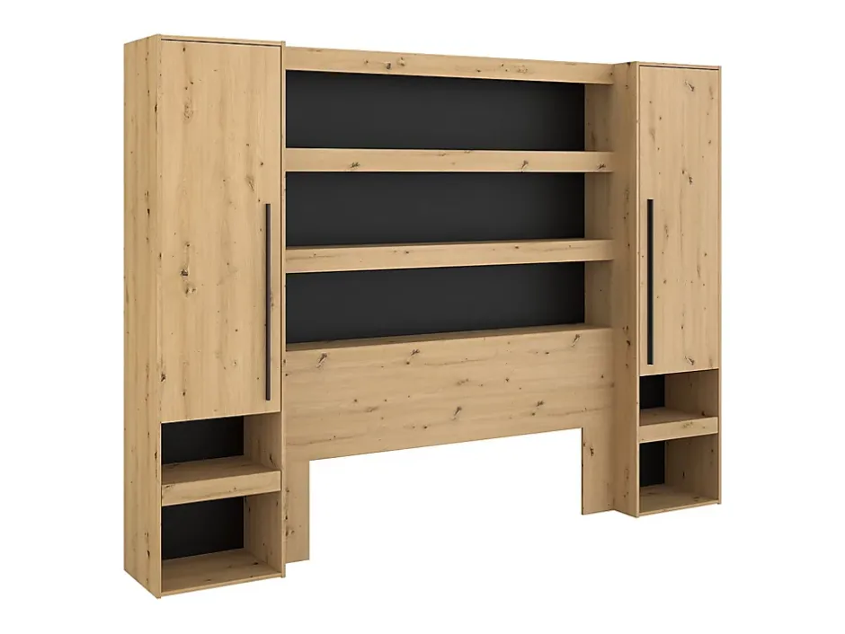 Vente-unique Lit pont 160 x 200 cm avec rangements - Avec LEDs - Coloris : Naturel et noir + Sommier + Matelas - VARLY Discount