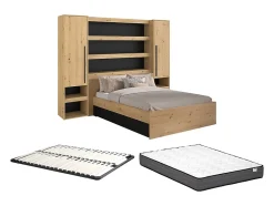 Vente-unique Lit pont 160 x 200 cm avec rangements - Avec LEDs - Coloris : Naturel et noir + Sommier + Matelas - VARLY Discount