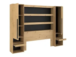 Vente-unique Lit pont 160 x 200 cm avec rangements - Avec LEDs - Coloris : Naturel et noir + Sommier + Matelas - VARLY Discount
