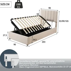 Fortuna lai Lit Pour Enfant Rembourré, 90 X 200 Cm, Coffre De Rangement Hydraulique, En Lin, Beige New