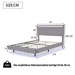 Redom Lit rembourré 140 par 200 cm avec cadre flottant LED et tête de lit moderne en lin doux gris pour chambre élégante Clearance