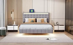 Redom Lit rembourré 140 par 200 cm avec cadre flottant LED et tête de lit moderne en lin doux gris pour chambre élégante Clearance