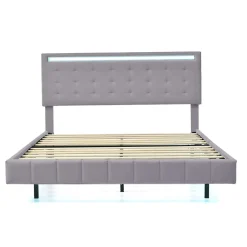 Redom Lit rembourré 140 par 200 cm avec cadre flottant LED et tête de lit moderne en lin doux gris pour chambre élégante Clearance