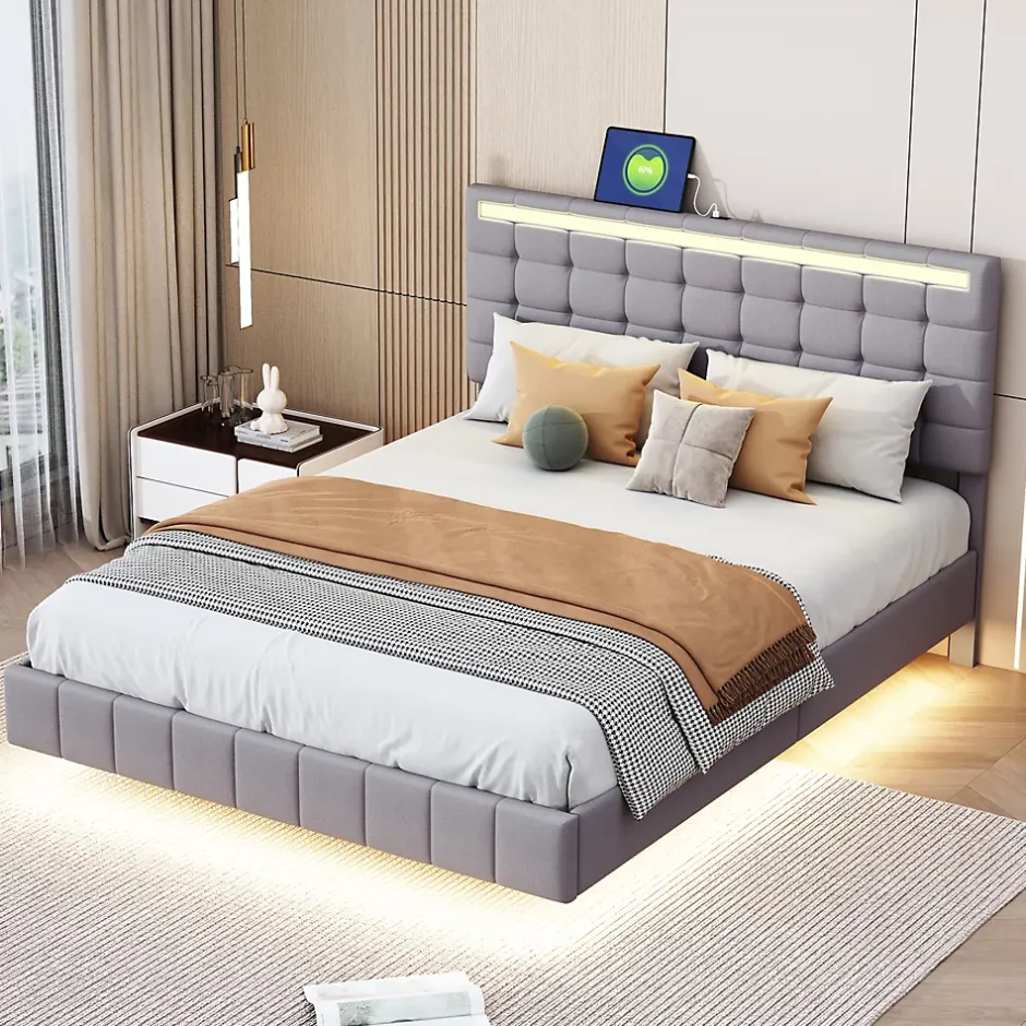 Redom Lit rembourré 140 par 200 cm avec cadre flottant LED et tête de lit moderne en lin doux gris pour chambre élégante Clearance