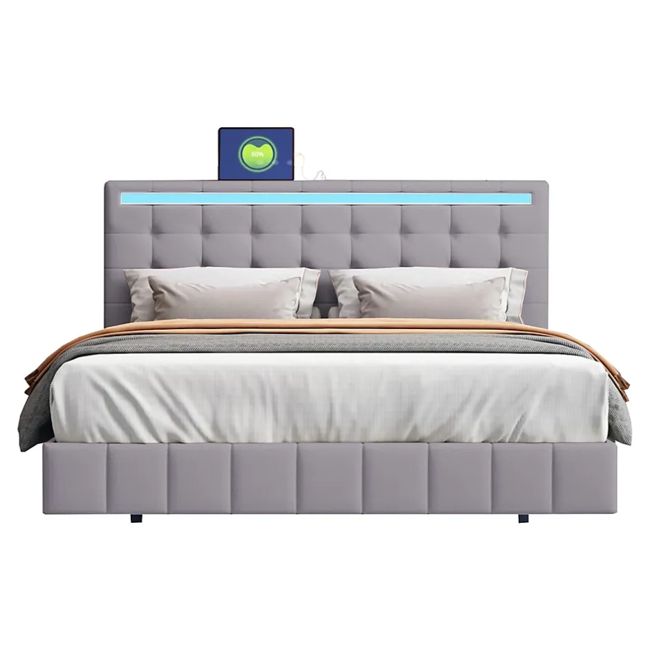 Redom Lit rembourré 140 par 200 cm avec cadre flottant LED et tête de lit moderne en lin doux gris pour chambre élégante Clearance