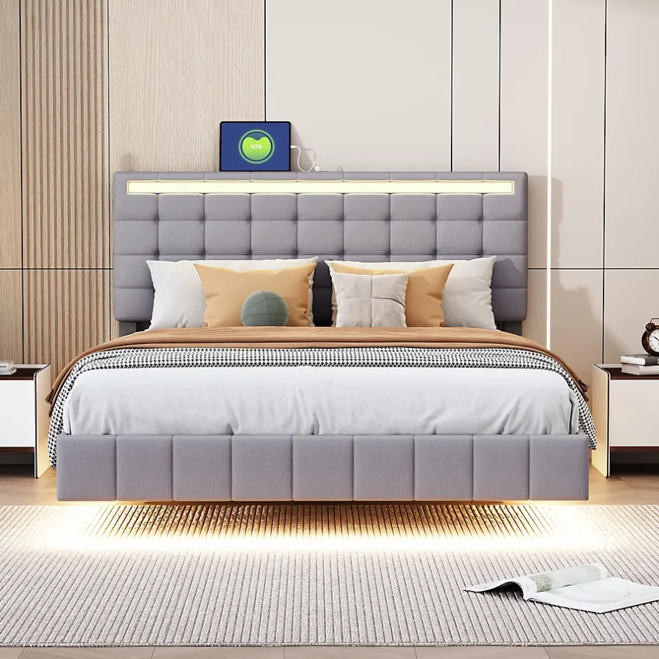 Redom Lit rembourré 140 par 200 cm avec cadre flottant LED et tête de lit moderne en lin doux gris pour chambre élégante Clearance