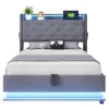Redom Lit rembourré 90 par 200 cm avec LED multicolores prise USB tête relevable rangement hydraulique poches latérales tissu gris