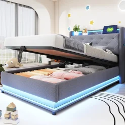 Redom Lit rembourré 90 par 200 cm avec LED multicolores prise USB tête relevable rangement hydraulique poches latérales tissu gris