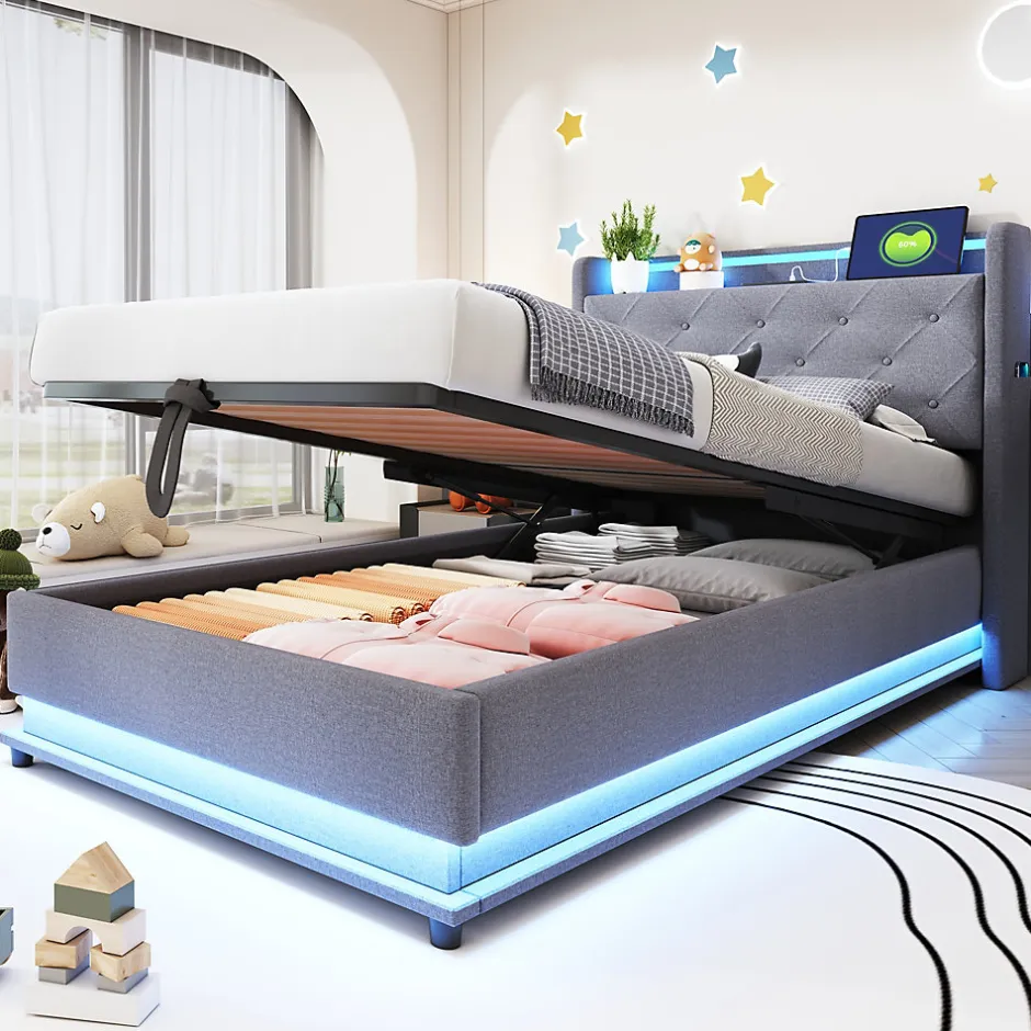 Redom Lit rembourré 90 par 200 cm avec LED multicolores prise USB tête relevable rangement hydraulique poches latérales tissu gris
