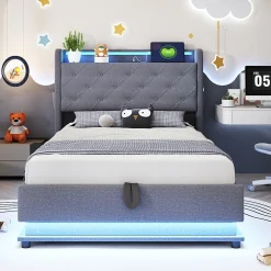 Redom Lit rembourré 90 par 200 cm avec LED multicolores prise USB tête relevable rangement hydraulique poches latérales tissu gris