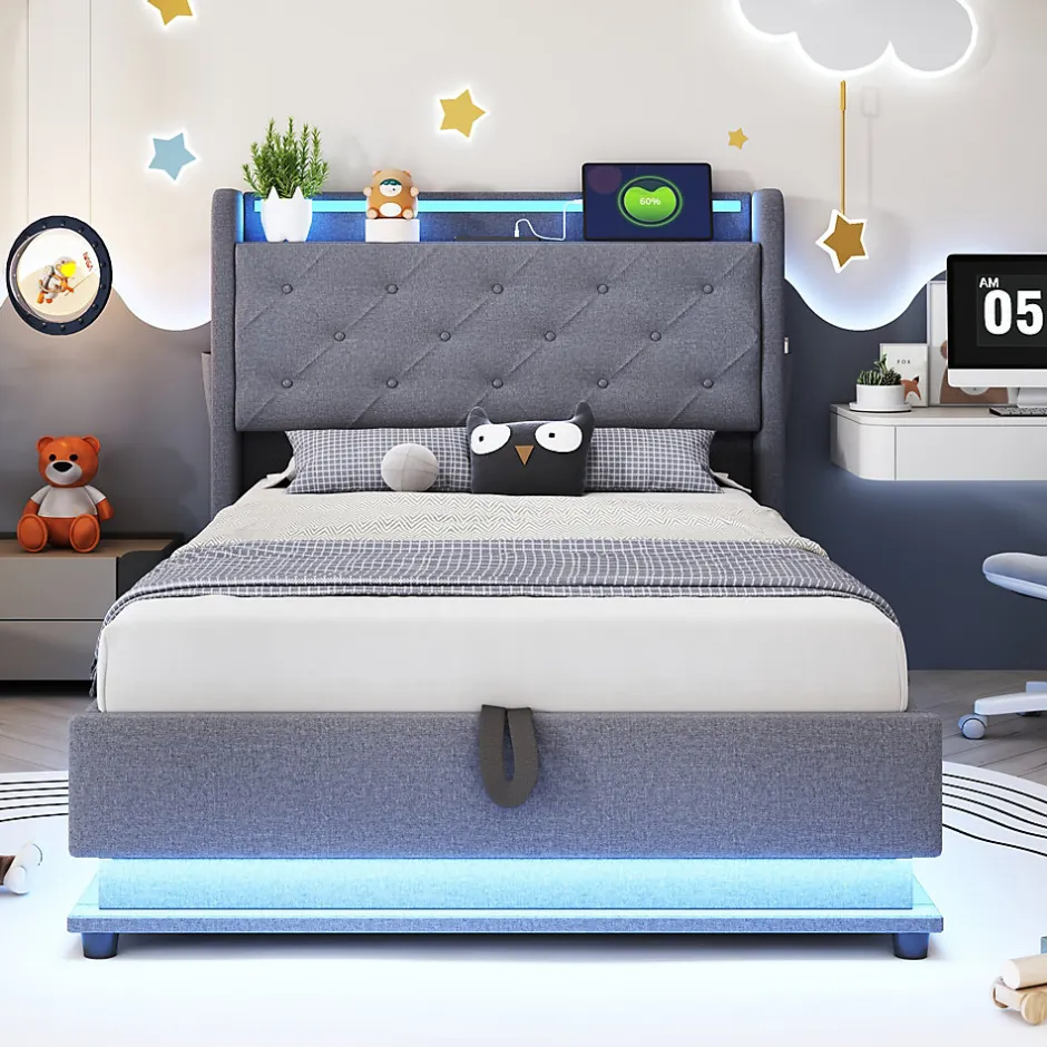 Redom Lit rembourré 90 par 200 cm avec LED multicolores prise USB tête relevable rangement hydraulique poches latérales tissu gris
