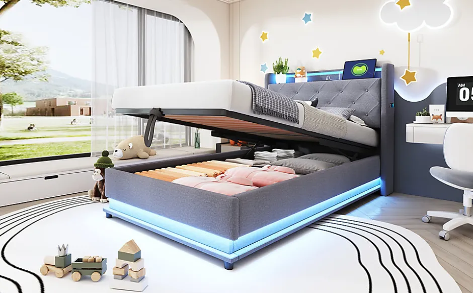 Redom Lit rembourré 90 par 200 cm avec LED multicolores prise USB tête relevable rangement hydraulique poches latérales tissu gris