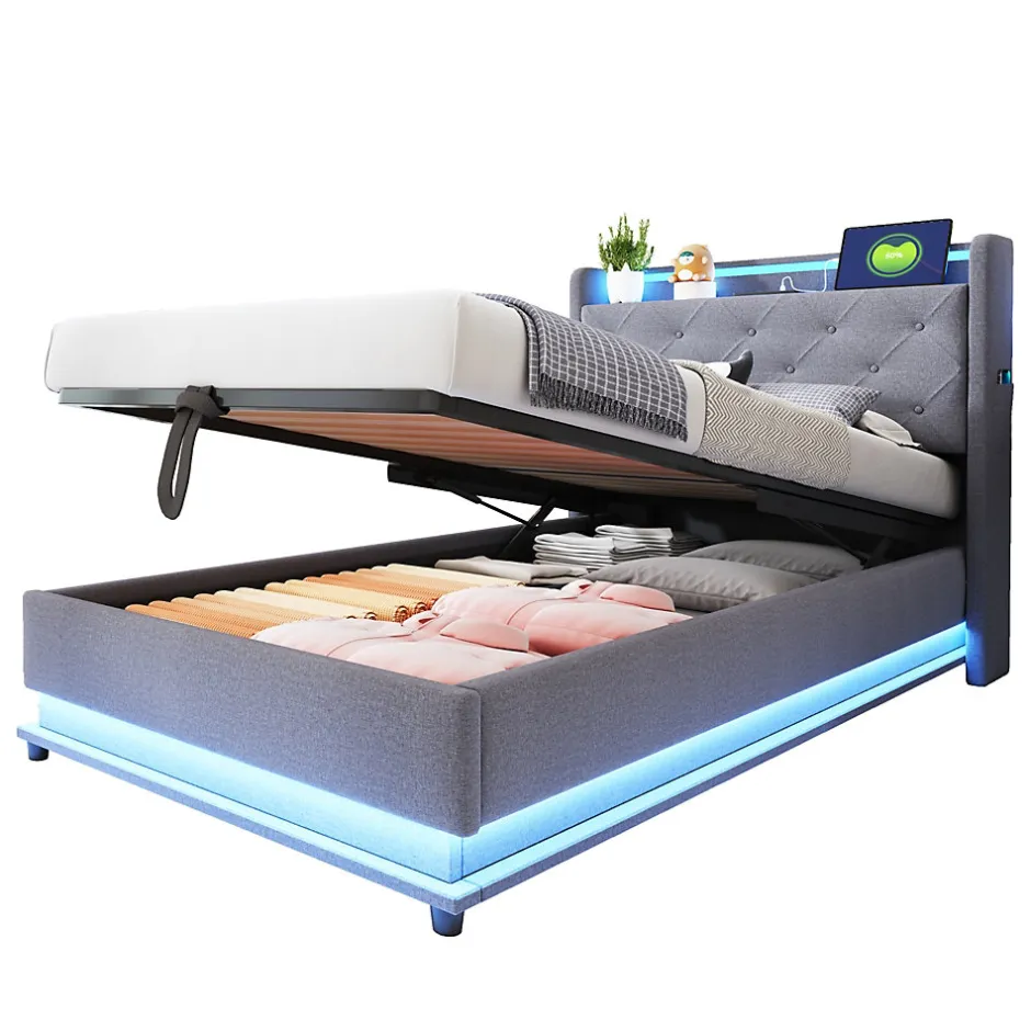 Redom Lit rembourré 90 par 200 cm avec LED multicolores prise USB tête relevable rangement hydraulique poches latérales tissu gris