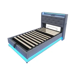 Redom Lit rembourré 90 par 200 cm avec LED multicolores prise USB tête relevable rangement hydraulique poches latérales tissu gris