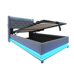 Redom Lit rembourré 90 par 200 cm avec LED multicolores prise USB tête relevable rangement hydraulique poches latérales tissu gris