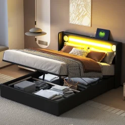 Redom Lit rembourré 140 sur 200 avec éclairage LED lecteur Bluetooth port USB rangement en cuir PU sommier inclus noir élégant Discount