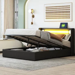 Redom Lit rembourré 140 sur 200 avec éclairage LED lecteur Bluetooth port USB rangement en cuir PU sommier inclus noir élégant Discount