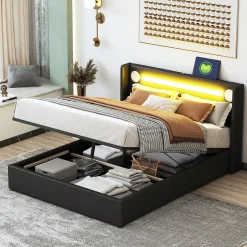 Redom Lit rembourré 140 sur 200 avec éclairage LED lecteur Bluetooth port USB rangement en cuir PU sommier inclus noir élégant Discount