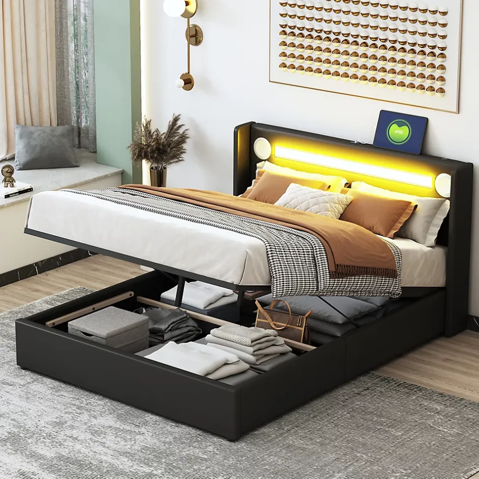 Redom Lit rembourré 140 sur 200 avec éclairage LED lecteur Bluetooth port USB rangement en cuir PU sommier inclus noir élégant Discount