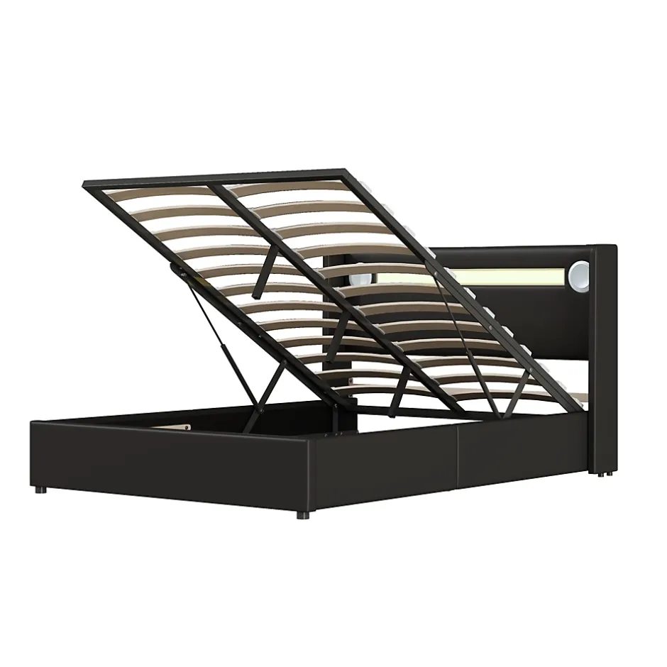 Redom Lit rembourré 140 sur 200 avec éclairage LED lecteur Bluetooth port USB rangement en cuir PU sommier inclus noir élégant Discount