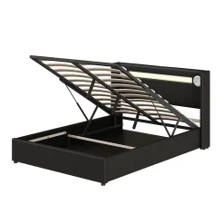 Redom Lit rembourré 140 sur 200 avec éclairage LED lecteur Bluetooth port USB rangement en cuir PU sommier inclus noir élégant Discount
