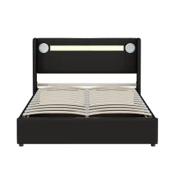 Redom Lit rembourré 140 sur 200 avec éclairage LED lecteur Bluetooth port USB rangement en cuir PU sommier inclus noir élégant Discount