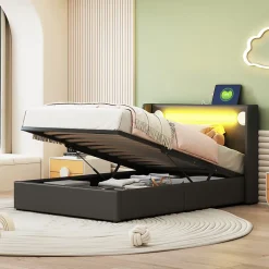 Redom Lit rembourré 90 sur 200 avec éclairage LED lecteur Bluetooth port USB rangement en cuir PU sommier inclus pour chambre jeune New