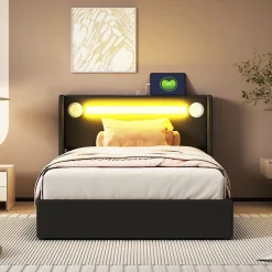 Redom Lit rembourré 90 sur 200 avec éclairage LED lecteur Bluetooth port USB rangement en cuir PU sommier inclus pour chambre jeune New