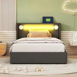 Redom Lit rembourré 90 sur 200 avec éclairage LED lecteur Bluetooth port USB rangement en cuir PU sommier inclus pour chambre jeune New