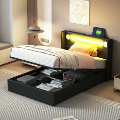 Redom Lit rembourré 90 sur 200 avec éclairage LED lecteur Bluetooth port USB rangement en cuir PU sommier inclus pour chambre jeune New