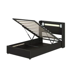 Redom Lit rembourré 90 sur 200 avec éclairage LED lecteur Bluetooth port USB rangement en cuir PU sommier inclus pour chambre jeune New
