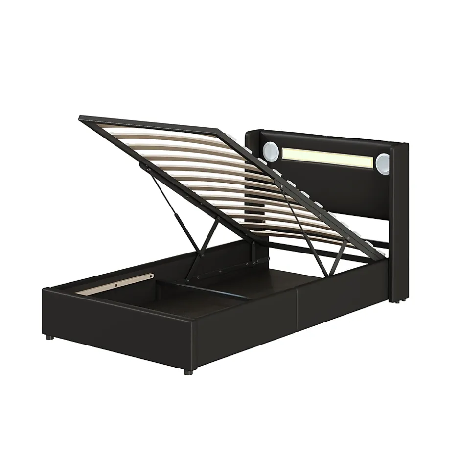 Redom Lit rembourré 90 sur 200 avec éclairage LED lecteur Bluetooth port USB rangement en cuir PU sommier inclus pour chambre jeune New